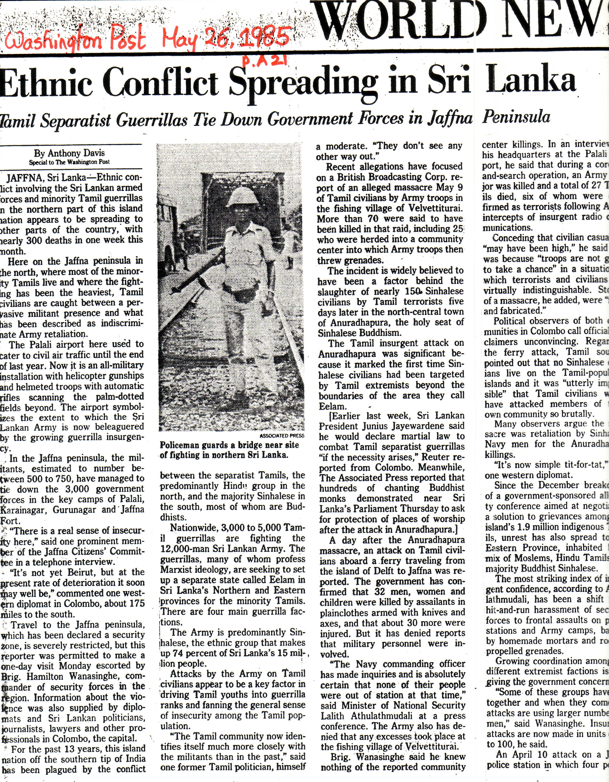 Anthony Davis report May 26 1985 Ethnic Conflict Spreading in Sri Lanka Washington Post