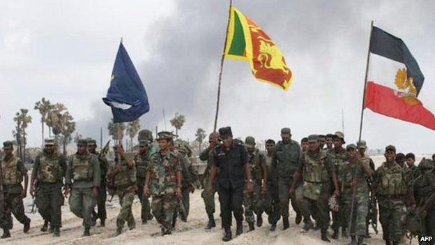 Sri Lankan troops after capturing the last patch of coastline in the Mullaittivu district held by the Tamil Tigers (May 2009)